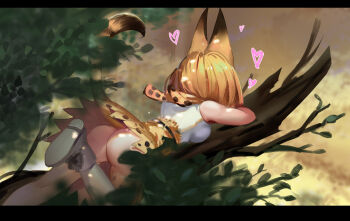 10s 1girl absurdres animal_ears animal_print ass bare_arms bare_shoulders branch day elbow_gloves female_focus from_behind full_body gloves heart high-waist_skirt highres in_tree kemono_friends kirby_(series) kirbyheimi leaf letterboxed lying nature nintendo no_panties on_stomach outdoors serval_(kemono_friends) serval_tail shirt sitting sitting_in_tree skirt sleeveless sleeveless_shirt solo striped_tail tail thighhighs tree upskirt