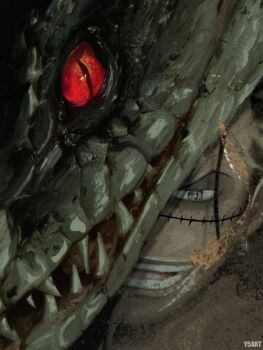 1boy artist_name black_hair crocodile crocodile_(one_piece) crocodilian evil_smile hashtag-only_commentary highres looking_at_viewer male_focus one_piece open_mouth red_eyes sand scar scar_on_face sharp_teeth slit_pupils smile stitches teeth y5art