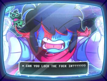 black_hair blood blood_on_face blue_skin colored_skin crack deltarune english_text gloves kris_(dark_world)_(deltarune) kris_(deltarune) ralsei ralsei_(hat) red_scarf scarf screen signature spacepancakes teeth utdr_(toby_fox) white_gloves