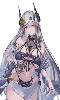 Rule 34 | 1girl, absurdres, alternate costume, amulet, arknights, armlet, bare shoulders, bikini, black bikini, black horns, blush, breasts, cleavage, collarbone, cowboy shot, earrings, flower, grey hair, grey sarong, groin, hair ornament, hand on own hip, hashtag-only commentary, head tilt, highleg, highleg bikini, highres, horn ornament, horns, huge breasts, jewelry, kuroroui, layered bikini, long hair, looking at viewer, material growth, mudrock (arknights), multi-strapped bikini top, navel, oripathy lesion (arknights), parted lips, pointy ears, red eyes, ring, sarong, sidelocks, simple background, smile, solo, standing, stomach, swimsuit, thighs, underboob, very long hair, white background