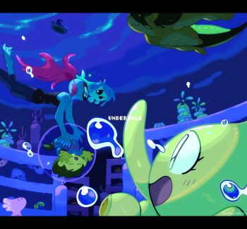 1other =_= air_bubble black_tank_top blue_pants blue_skin bubble closed_eyes colored_skin copyright_name creature fins frisk_(undertale) head_fins highres kanianoreki letterboxed onionsan open_mouth pants red_hair shyren signature smile swimming tank_top undertale underwater undyne utdr_(toby_fox) webbed_feet webbed_hands