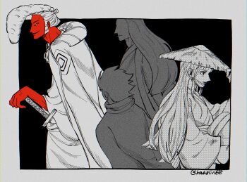 Rule 34 | 4boys, coat, colored skin, commentary request, denjirou (one piece), greyscale, hat, highres, japanese clothes, kikunojo (one piece), kimono, larugo0513, long hair, male focus, monochrome, multiple boys, one piece, pompadour, profile, red skin, sideburns, smile, spot color, sword, twitter username, weapon, wide sleeves