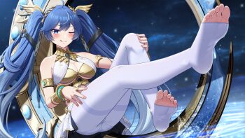 1girl :q absurdres ahoge ancient_greek_clothes armlet bare_shoulders barefoot blue_eyes blush breasts chinese_commentary cleavage closed_mouth commentary_request feet full_body gold_bra gradient_hair greco-roman_clothes highres iuno_(wuthering_waves) jewelry large_breasts laurel_crown leggings lemon_kele long_hair looking_at_viewer multicolored_hair one_eye_closed outstretched_leg partial_commentary smile soles solo thighs toes tongue tongue_out twintails vambraces very_long_hair white_leggings wuthering_waves