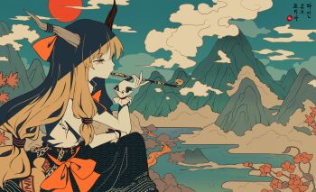 black_skirt bow bowtie brown_hair chain cloud cloudy_sky commentary frilled_wristband gourd hair_bow highres holding holding_smoking_pipe horns ibuki_suika korean_text leaf long_hair looking_ahead low-tied_long_hair maple_leaf mountain oni outdoors profile red_bow red_bowtie rhea_(156latte) shirt sitting skirt sky sleeveless sleeveless_shirt smoking_pipe sun torn_clothes torn_shirt touhou tree very_long_hair white_shirt