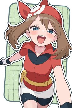 1girl bandana bike_shorts blue_eyes breasts brown_hair curvy gloves highres looking_at_viewer may_(pokemon) nintendo odorukaminoke open_mouth pokemon pokemon_rse red_bandana red_shirt shirt short_hair shorts simple_background smile wide_hips