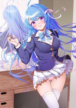 ahoge alternate_costume ass azur_lane back_view_in_reflection blazer blue_bow blue_bowtie blue_hair blue_jacket bow bowtie cameltoe closed_mouth clothes_lift commentary_request commission cowboy_shot hair_ribbon helena_(azur_lane) highres jacket long_sleeves mirror origami_aya panties pantyshot pantyshot_through_reflection pink_ribbon purple_eyes reflection ribbon school_uniform skeb_commission skirt skirt_lift smile table textless_version thighhighs translation_request underwear white_skirt white_thighhighs wind wind_lift