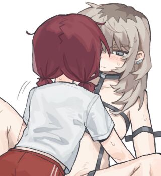 2girls bdsm between_legs blush bondage bound chest_harness chinese_commentary closed_mouth commentary_request earclip girls_band_cry grey_eyes grey_hair harness iseri_nina kawaragi_momoka long_hair multicolored_hair multiple_girls red_hair red_shorts roots_(hair) shirt short_twintails shorts simple_background tutai twintails white_background white_shirt yuri