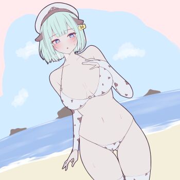 1girl animal_ears animal_print beach bikini blue_eyes blue_hair blush breasts bridal_gauntlets commentary cow_ears cow_print cow_print_bikini cow_print_bridal_gauntlets cowboy_shot day double-parted_bangs dutch_angle ear_tag facing_viewer fake_animal_ears flat_color gluteal_fold hand_on_own_chest hat highres indie_virtual_youtuber large_breasts looking_to_the_side navel ocean open_mouth outdoors peaked_cap pink_pupils print_bikini print_bridal_gauntlets rapid17 short_hair solo stomach sweat swimsuit thighs virtual_youtuber white_hat yangdoki