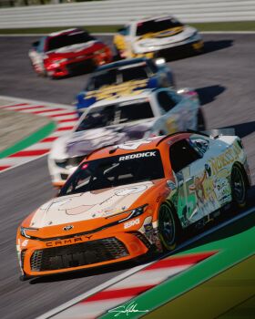 3d absurdres blue_car car chevrolet chevrolet_camaro chevrolet_camaro_(6th_generation) copyright_name ford ford_mustang ford_mustang_s650 fuwawa_abyssgard goodyear highres hololive hololive_english itasha koshi_torako mococo_abyssgard motion_blur motor_vehicle nascar no_humans orange_car photorealistic race_vehicle racecar racetrack racing real_world_location realistic red_car sad.machines shadow shikanoko_noko shikanoko_nokonoko_koshitantan shiori_novella signature suzuka_international_racing_course toyota toyota_camry vehicle_focus white_car