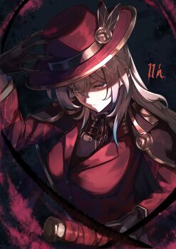 1girl absurdres black_gloves black_shirt blue_hair breasts cape commentary_request cosplay firefly_(honkai:_star_rail) gloves grey_hair hair_between_eyes halterneck hand_on_own_head hat highres holding holding_sword holding_weapon honkai:_star_rail honkai_(series) jacket large_breasts lei_heng_(project_moon) lei_heng_(project_moon)_(cosplay) limbus_company long_hair memeiradesuyo multicolored_eyes multicolored_hair project_moon red_jacket shirt solo sword thumb_(identity)_(project_moon) two-tone_hair weapon