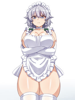 1girl alternate_costume apron back_bow bow braid breasts choker cleavage closed_mouth commentary_request crossed_arms frown green_bow grey_hair hair_bow highres izayoi_sakuya large_breasts looking_at_viewer maid_headdress naked_apron paid_reward_available sideboob solo sweatdrop thick_thighs thighhighs thighs touhou twin_braids white_apron white_bow white_choker white_thighhighs zatsu