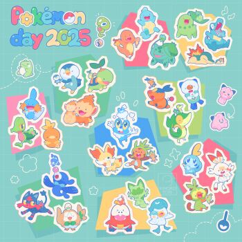 Rule 34 | 2025, absurdres, arms up, bulbasaur, character doll, character name, charmander, chespin, chikorita, chimchar, clefairy, commentary, cyndaquil, doll, fennekin, fire, flame-tipped tail, froakie, fuecoco, gen 1 pokemon, gen 2 pokemon, gen 3 pokemon, gen 4 pokemon, gen 5 pokemon, gen 6 pokemon, gen 7 pokemon, gen 8 pokemon, gen 9 pokemon, grookey, happy, highres, holding, holding doll, kinokorin, legendary pokemon, litten, lying, mega stone, mouth hold, mudkip, nintendo, no humans, on stomach, open mouth, oshawott, outline, piplup, plant, pokemon, pokemon (creature), pokemon day, popplio, quaxly, rowlet, scorbunny, smile, snivy, sobble, sprigatito, squirtle, starter pokemon trio, substitute (pokemon), tail, tepig, torchic, totodile, treecko, turtwig, unown, vines, white outline, zygarde, zygarde core