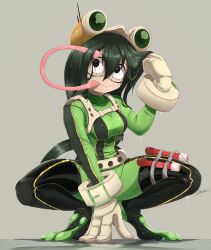 Rule 34 | 1girl, absurdres, asui tsuyu, bad tag, belt, black eyes, black hair, bodysuit, boku no hero academia, boots, bow-shaped hair, breasts, dynamite, explosive, eyewear on head, female, female focus, frog girl, full body, gloves, goggles, goggles on head, green bodysuit, green hair, grey background, hair between eyes, hair rings, highres, long hair, long tongue, looking aside, looking up, low-tied long hair, medium breasts, monster girl, raps (yohomeboyraps), shoes, simple background, smile, solo, squatting, superhero costume, thigh boots, thighhighs, tongue, tongue out, very long hair, wet, wet hair, white gloves