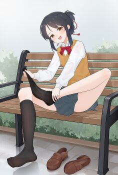 Rule 34 | 1girl, absurdres, bench, black hair, blush, brown eyes, feet, highres, kimi no na wa., loafers, long hair, looking at viewer, miyamizu mitsuha, open mouth, see-through clothes, see-through legwear, shoes, sitting, socks, soles, toes, unworn shoes, unworn socks, wl217 (nicexa111)