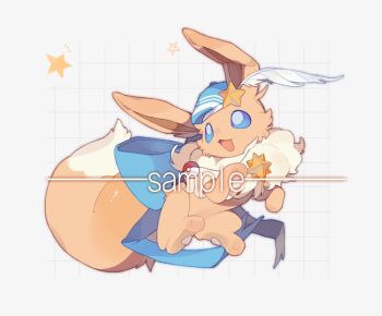 :3 animal_focus blue_bow blue_eyes blue_hat blue_sclera bow brown_fur chinese_commentary clothed_pokemon colored_sclera commentary_request commission eevee fluffy full_body gen_1_pokemon grid_background hat hat_feather hat_ornament highres jewelry kamier586 necklace nintendo no_humans open_mouth original pawpads poke_ball poke_ball_(basic) pokemon pokemon_(creature) pokemon_focus sample_watermark simple_background smile solo star_(symbol) star_hat_ornament tail tail_bow tail_ornament watermark white_background