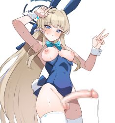 Rule 34 | 1girl, animal ears, arm up, armpits, bare shoulders, blonde hair, blue archive, blue eyes, blue hair, blush, bow, bowtie, breasts, censored, covered navel, double v, eichan (eichanidfi), erection, fake animal ears, futanari, highres, leotard, long hair, looking at viewer, mosaic censoring, multicolored hair, nipples, penis, playboy bunny, precum, rabbit ears, rabbit tail, simple background, solo, streaked hair, tail, testicles, thighhighs, toki (blue archive), toki (bunny) (blue archive), v, very long hair, white background, white thighhighs