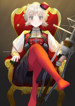 1girl absurdres autobaan black_skirt blonde_hair chair collared_shirt commentary_request crossed_legs dress_shirt feet_out_of_frame gloves grey_eyes hat highres kantai_collection looking_at_viewer mast norge_(kancolle) norwegian_flag pantyhose red_hat red_pantyhose scepter shirt short_hair sitting skirt solo white_gloves white_shirt