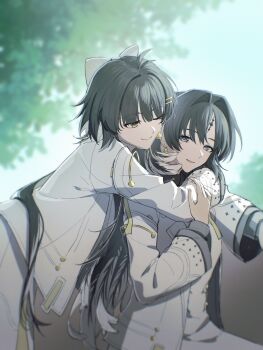 Rule 34 | 2girls, absurdres, alternate costume, black eyes, black hair, chinese commentary, closed mouth, commentary request, feather hair, female rover (wuthering waves), hair intakes, hair ornament, hairclip, highres, jacket, kohane kun, long hair, mole, mole under eye, multiple girls, one eye closed, parallel hairclips, rover (wuthering waves), smile, tacet mark (wuthering waves), white jacket, wuthering waves, yangyang (wuthering waves), yellow eyes