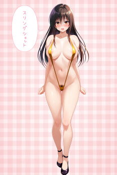 1girl black_shoes breasts breasts_apart commentary_request cygnus_(cygnus7) full_body gold_slingshot_swimsuit highres kotegawa_yui large_breasts large_variant_set legs navel plaid_background shoes slingshot_swimsuit solo speech_bubble standing stomach swimsuit thighs to_love-ru to_love-ru_darkness translation_request variant_set