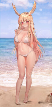 1girl absurdres animal_ears arm_behind_back bare_legs barefoot beach bikini blonde_hair blue_sky blush breasts cleavage commission day fate/grand_order fate_(series) full_body gg_amang halterneck heart heart-shaped_pupils highres large_breasts lens_flare long_hair looking_at_viewer nail_polish navel outdoors parted_lips pink_eyes pink_nails sidelocks sky solo sparkle standing string_bikini swimsuit symbol-shaped_pupils thrud_(fate) valkyrie_(fate) very_long_hair water white_bikini