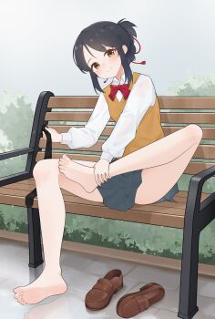 Rule 34 | 1girl, absurdres, barefoot, bench, black hair, blush, brown eyes, feet, highres, kimi no na wa., loafers, long hair, looking at viewer, miyamizu mitsuha, see-through clothes, see-through legwear, shoes, sitting, smile, socks, soles, toes, unworn shoes, unworn socks, wl217 (nicexa111)