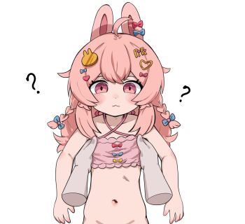 1boy 1girl :3 ? ahoge animal_ears blue_bow bottomless bow braid closed_mouth confused crossed_bangs disembodied_hand dot_nose ear_bow flat_chest h@nk hair_bow hair_ornament hairpin highres lifting_person loli long_hair multiple_hairpins navel phase_connect pink_eyes pink_hair pov rabbit_ears rabbit_girl red_bow simple_background solo_focus strapless tube_top twin_braids virtual_youtuber white_background