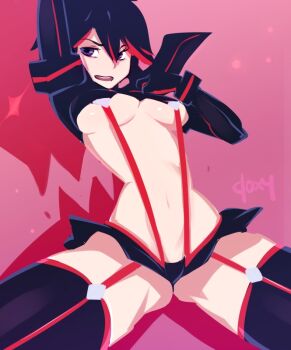 10s 1girl artist_name bad_id bad_pixiv_id black_hair black_panties blue_eyes breasts doxy elbow_gloves female_focus garter_straps gloves kill_la_kill large_breasts matoi_ryuuko microskirt midriff multicolored_hair narrow_waist navel panties red_hair revealing_clothes senketsu skirt solo suspenders thighhighs two-tone_hair underboob underwear