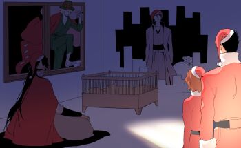 Rule 34 | 1girl, 4boys, aged down, aizen sousuke, alternate universe, black hair, bleach, bleach: sennen kessen-hen, brown eyes, cape, coat, commentary request, crib, enpissi, faceless, faceless male, facial hair, geta, hat, husband and wife, japanese clothes, kurosaki isshin, kurosaki masaki, long hair, multiple boys, mustache, portal (object), red cape, sack, santa costume, santa hat, sitting, urahara kisuke, very long hair, white coat, yhwach