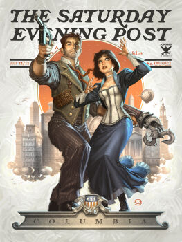 1boy 1girl alex_garner bioshock_(series) bioshock_infinite black_hair blue_eyes booker_dewitt brown_hair city elizabeth_(bioshock_infinite) english_text facial_hair gun handgun highres lips mauser_c96 md5_mismatch necktie parody pinstripe_pattern pistol saturday_evening_post striped the_saturday_evening_post weapon
