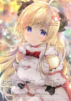 1girl ahoge animal_ears blonde_hair dress fur-trimmed_dress fur_trim hair_ornament hairpin hololive horns long_hair looking_at_viewer purple_eyes saca110 sheep_ears sheep_girl sheep_horns smile solo tsunomaki_watame tsunomaki_watame_(1st_costume) very_long_hair virtual_youtuber white_dress