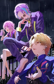 1girl 2boys absurdres bangs_pinned_back bare_legs barefoot black_vest blonde_hair blue_hair blue_suit blurry blurry_background building can commentary_request deep_dark_for_light_(project_sekai) drink_can earrings foot_out_of_frame formal_clothes full_body gradient_hair gradient_sky grey_sky grin hand_up highres holding holding_can jewelry kamishiro_rui looking_at_viewer multicolored_hair multiple_boys nail_polish necklace official_alternate_costume official_alternate_hairstyle ootori_emu open_mouth orange_eyes orange_hair outdoors pink_eyes pink_hair project_sekai purple_hair purple_shirt purple_sky purple_suit rain shirt sky skyscraper sleeveless sleeveless_shirt smile soda_can solo streaked_hair suit sunglasses tenma_tsukasa upper_body vest wanderlands_k yellow_eyes