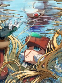 1boy absurdres black_eyes blonde_hair close-up forehead_jewel helmet highres long_hair mega_man_(series) mega_man_zero_(series) omega_(mega_man) omochi_(mochi_skymega) red_eyes red_helmet reflection reflective_liquid underwater zero(z)_(mega_man) zero_(mega_man)