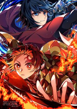 Rule 34 | 2boys, black hair, black jacket, blue eyes, bright pupils, brown hair, checkered haori, clenched teeth, commentary request, earrings, empty eyes, fire, hanafuda earrings, haori, highres, holding, holding sword, holding weapon, jacket, japanese clothes, jewelry, kamado tanjirou, katana, kikkoumon, kimetsu no yaiba, long hair, looking at viewer, low ponytail, male focus, multiple boys, parted lips, ponytail, print haori, red haori, short hair, spiked hair, suzu gita, sword, teeth, tomioka giyuu, water, weapon, white pupils