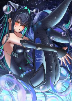 1girl aqua_hair backless_bodysuit bare_shoulders black_bodysuit black_hair bodysuit breasts bubble cleavage colored_inner_hair commentary_request da_kuronikorasu folded_hair gloves goddess_of_victory:_nikke hair_intakes halterneck highres honeycomb_(pattern) honeycomb_print little_mermaid_(nikke) long_hair looking_at_viewer medium_breasts multicolored_hair see-through_bodysuit see-through_cleavage see-through_clothes solo twintails very_long_hair yellow_eyes