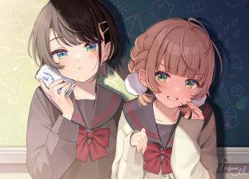 2girls alternate_costume artist_self-insert black_hair black_sailor_collar black_serafuku blonde_hair blue_eyes blunt_bangs blurry blush bow braid brown_sweater_vest buttons can chalkboard collarbone depth_of_field fingernails french_braid green_eyes grin hair_ornament hair_strand hairclip hand_up hands_up highres holding holding_can hololive light_rays long_sleeves looking_at_viewer multiple_girls neck_ribbon one_side_up oozora_subaru original pom_pom_(clothes) pom_pom_hair_ornament pouty_lips red_bow red_ribbon ribbon sailor_collar school_uniform serafuku shadow shigure_ui shigure_ui_(vtuber) short_hair side_braid sidelocks signature sleeves_past_wrists smile straight-on sunlight sweater_vest upper_body virtual_youtuber