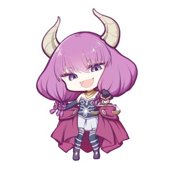 1girl :d aura_(sousou_no_frieren) balance_scale black_boots blue_eyes boots braid breasts chibi demon_horns full_body hair_between_eyes highres holding horns kuena long_hair open_mouth pleated_skirt purple_hair simple_background skirt small_breasts smile solo sousou_no_frieren standing thigh_boots weighing_scale white_background white_skirt