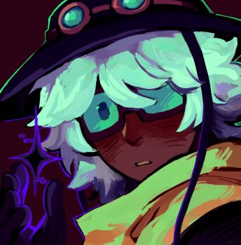 Rule 34 | 1boy, aviator cap, aviator goggles, bitter rayjay, black gloves, black shirt, cedric (oneshot), dark-skinned male, dark skin, eyewear on head, glasses, gloves, hand up, looking at viewer, male focus, oneshot (game), parted lips, scarf, shirt, short hair, solo, sparkling eyes, white hair, yellow scarf