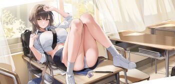 1girl absurdres arm_up backpack bag bare_legs black_necktie black_skirt bra_visible_through_clothes breasts brown_hair chair choyeon classroom collared_shirt commentary_request desk eraser full_body goddess_of_victory:_nikke highres indoors knees_together_feet_apart knees_up korean_commentary large_breasts legs long_hair looking_at_viewer m_legs marciana_(nikke) marciana_(school_days)_(nikke) mechanical_pencil miniskirt necktie notebook official_alternate_costume panties pantyshot parted_lips pencil pencil_skirt school_chair school_desk shirt shoes skirt socks solo spread_legs underwear white_panties white_shirt white_shoes white_socks window yellow_eyes