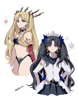 2girls alternate_costume armor bikini bikini_armor black_choker black_hair black_skirt blonde_hair breasts choker cowboy_shot detached_sleeves earrings english_text ereshkigal_(fate) fate/grand_order fate_(series) highres ishtar_(fate) jewelry legs long_hair looking_at_viewer multiple_girls navel red_eyes simple_background skirt small_breasts sodamachi swimsuit thighs tiara tohsaka_rin twitter_username upper_body white_background