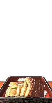 Rule 34 | absurdres, box, commentary, food, food focus, highres, meitantei conan, nakamobu, no humans, original, rice, simple background, transparent background, unajuu (food)