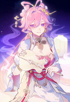 Rule 34 | 1girl, absurdres, breasts, chinese clothes, chinese commentary, chinese hairstyle, cleavage, commentary request, diamond-shaped pupils, diamond (shape), dress, earrings, elf, elysia (hi love elf) (honkai impact), elysia (honkai impact), elysia (lunar grace) (honkai impact), hand fan, haruka (rsyaooooo), highres, holding, holding fan, honkai (series), honkai impact 3rd, jewelry, lantern, large breasts, long hair, miyoushe watermark, multicolored hair, official alternate costume, paper lantern, parted lips, pink hair, pointy ears, purple eyes, sky, sky lantern, smile, solo, star (sky), starry sky, symbol-shaped pupils, two-tone hair, very long hair, watermark, white dress, white hair