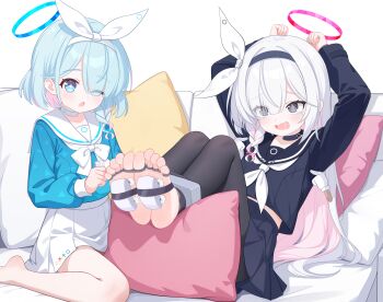 +_+ 2girls absurdres arms_up arona_(blue_archive) barefoot black_choker black_eyes black_hairband black_pantyhose black_sailor_collar black_serafuku black_shirt black_skirt blue_archive blue_eyes blue_hair blue_halo blue_shirt bound bound_toes bow braid chinese_commentary choker colored_inner_hair commentary_request couch eugenecolin eyes_visible_through_hair feet foot_focus foreshortening hair_bow hair_over_one_eye hairband halo highres holding large_variant_set laughing long_hair long_sleeves medium_hair miniskirt multicolored_hair multiple_girls neckerchief on_couch one_eye_closed open_mouth pantyhose pink_hair plana_(blue_archive) pleated_skirt puffy_long_sleeves puffy_sleeves red_halo sailor_collar sailor_shirt school_uniform serafuku shirt side_braid single_braid skirt smile soles tickling tickling_armpits tickling_feet toes torn_clothes torn_pantyhose two-tone_hair variant_set white_bow white_choker white_hair white_hairband white_neckerchief white_sailor_collar white_skirt