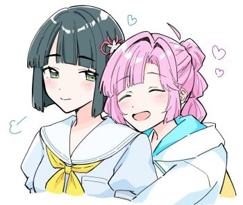 2girls :d ^_^ anyoji_hime blue_dress blunt_sidelocks breast_pocket closed_eyes closed_mouth commentary_request dress hair_intakes hasu_no_sora_school_uniform heart hood hooded_jacket jacket link!_like!_love_live! love_live! momose_ginko multiple_girls neckerchief open_mouth paint_chat_(medium) pocket puff_of_air puffy_short_sleeves puffy_sleeves sailor_collar sailor_dress school_uniform short_sleeves sidelocks simple_background smile split_mouth summer_uniform upper_body virtual_youtuber white_background white_jacket white_sailor_collar yellow_neckerchief zangemiya