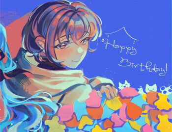 2girls bang_dream! bang_dream!_it&#039;s_mygo!!!!! blue_hair blush brown_eyes cat chihaya_anon closed_mouth commentary english_commentary grey_hair happy_birthday highres jacket kaname_raana long_hair multiple_girls mygo!!!!!_(bang_dream!) nagasaki_soyo phos_(ennuuiim) raana_the_cat shiina_taki short_hair solo_focus sticky_note symbolism takamatsu_tomori togawa_sakiko upper_body white_jacket