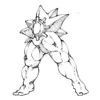 absurdres commentary creature creature_focus english_commentary feet gen_1_pokemon greyscale highres mega_starmie monochrome muscular nintendo no_humans pokemon pokemon_(creature) pr_quote solo starmie
