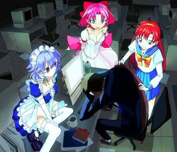 1boy 3girls absurdres amamoto_air blue_eyes blue_hair breasts cleavage coffee coffee_mug commentary computer computer_keyboard cup gloves highres maid maid_headdress mug multiple_girls office original pink_hair red_hair white_gloves