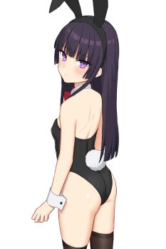 Rule 34 | 1girl, absurdres, animal ears, ass, bare shoulders, black hair, black leotard, black thighhighs, blush, bow, bowtie, breasts, collar, commentary request, detached collar, fake animal ears, fake tail, from behind, highres, hime cut, karasuma kei, leotard, long hair, looking at viewer, looking back, original, pink eyes, playboy bunny, rabbit ears, rabbit tail, red bow, red bowtie, small breasts, solo, strapless, strapless leotard, tail, thighhighs, thighs, white collar, wrist cuffs
