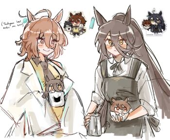 2girls agnes_tachyon_(umamusume) animal_print apron black_apron black_hair black_necktie black_ribbon blush brown_hair cat_print closed_mouth coat coffee_pot cup ear_ornament ear_tag earrings hair_between_eyes high_ponytail highres holding holding_coffee_pot holding_cup jewelry lab_coat long_hair long_hair_between_eyes long_sleeves manhattan_cafe_(umamusume) mini_person minigirl mug multiple_girls neck_ribbon necktie nehlynn1 open_mouth ponytail red_eyes ribbon short_hair single_earring sleeves_past_fingers sleeves_past_wrists sleeves_rolled_up smile sweater very_long_hair white_coat yellow_eyes yellow_sweater