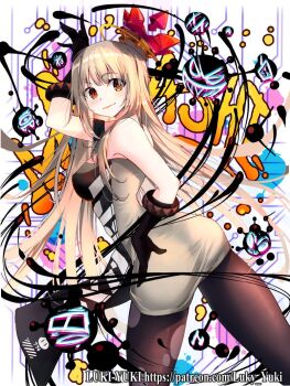 Rule 34 | 1girl, black gloves, black pantyhose, blonde hair, closed mouth, dress, gloves, long hair, lukyyuki, nanashi (wixoss), pantyhose, red eyes, smile, solo, white background, white dress, wixoss