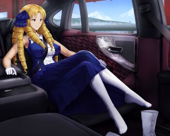 Rule 34 | 1girl, absurdres, bare shoulders, blonde hair, blue dress, boots, breasts, brown eyes, car interior, commentary, crossed legs, dress, drill hair, english commentary, fate/stay night, fate (series), gloves, highres, large breasts, long hair, luviagelita edelfelt, pantyhose, solo, unworn boots, warmcummies, white gloves, white pantyhose